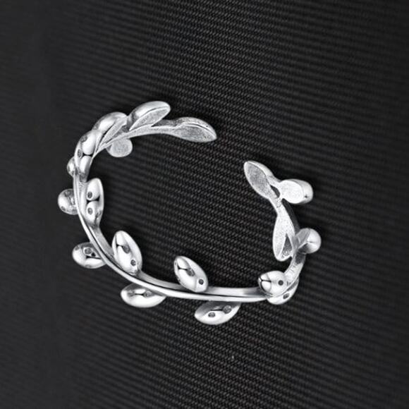 Minimalist Floral Open Leaf Ring Adjustable Rhodium Plated Sterling Silver NWT - Picture 1 of 9